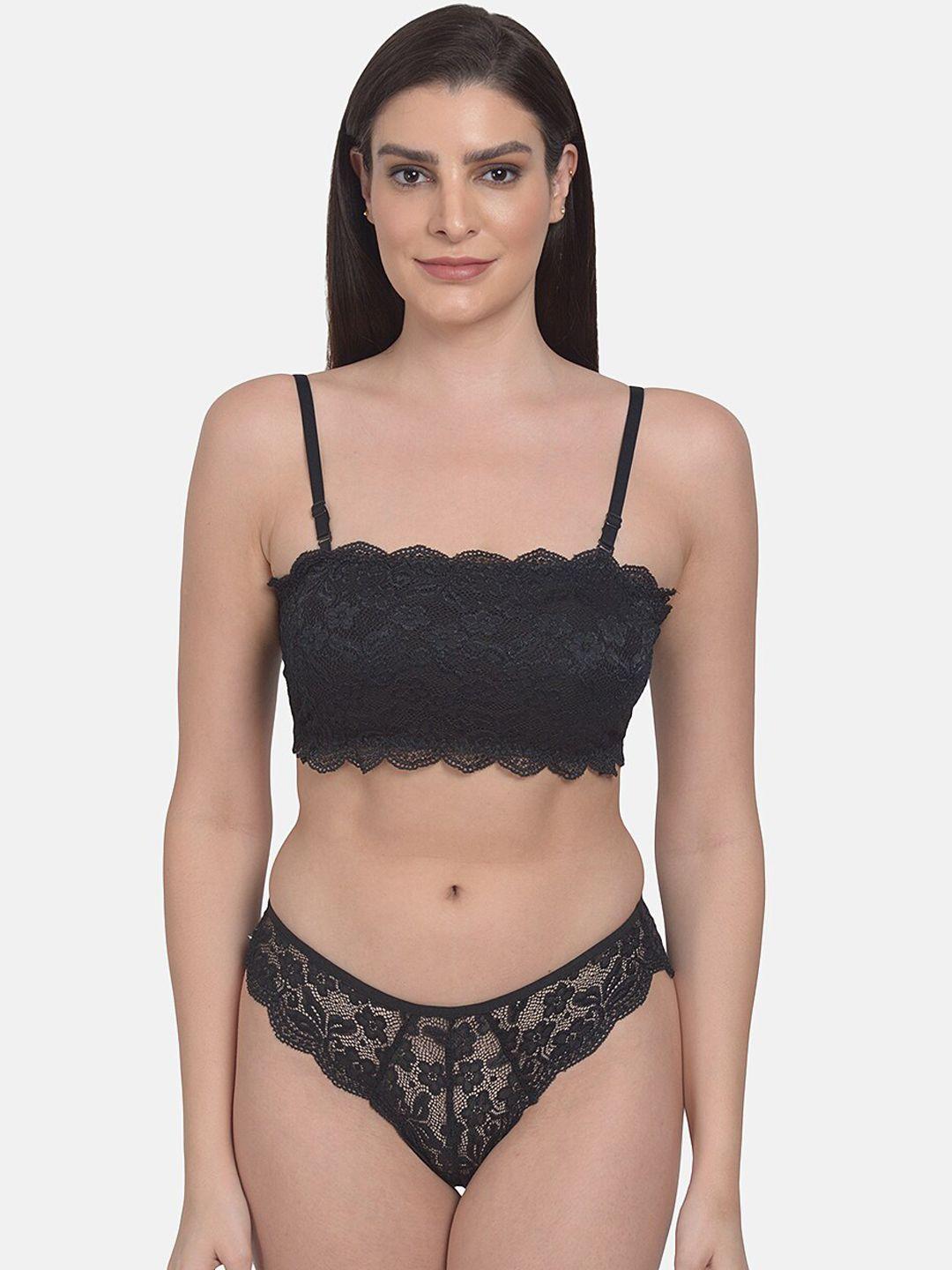 mod & shy women black self-design lace lingerie set ms362