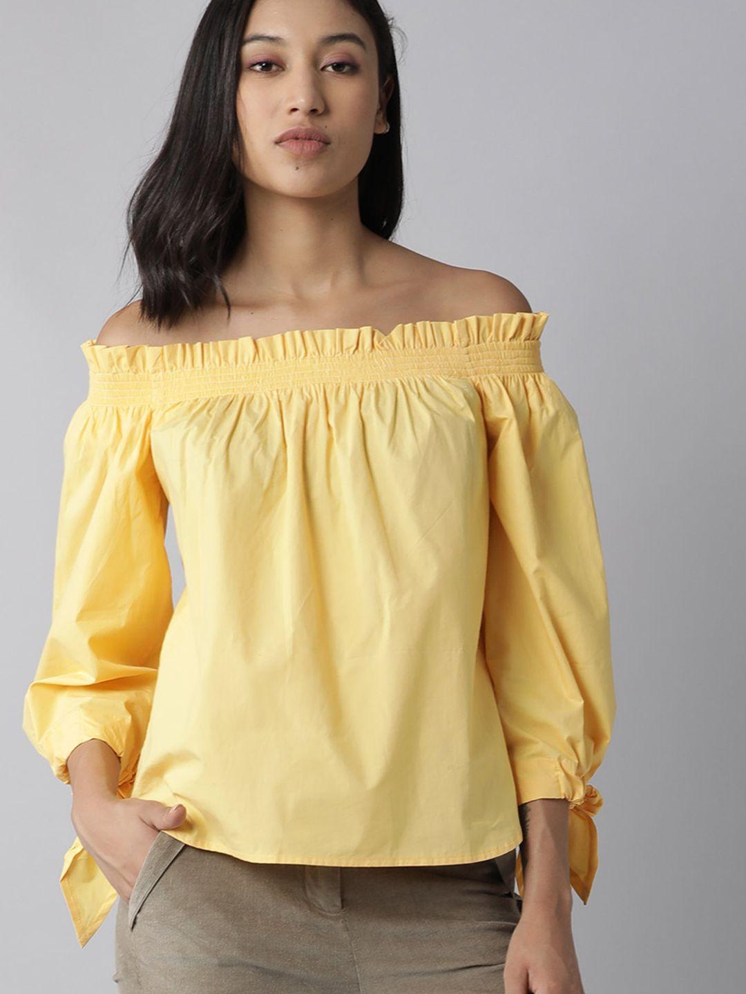 rareism yellow off-shoulder pure cotton bardot top