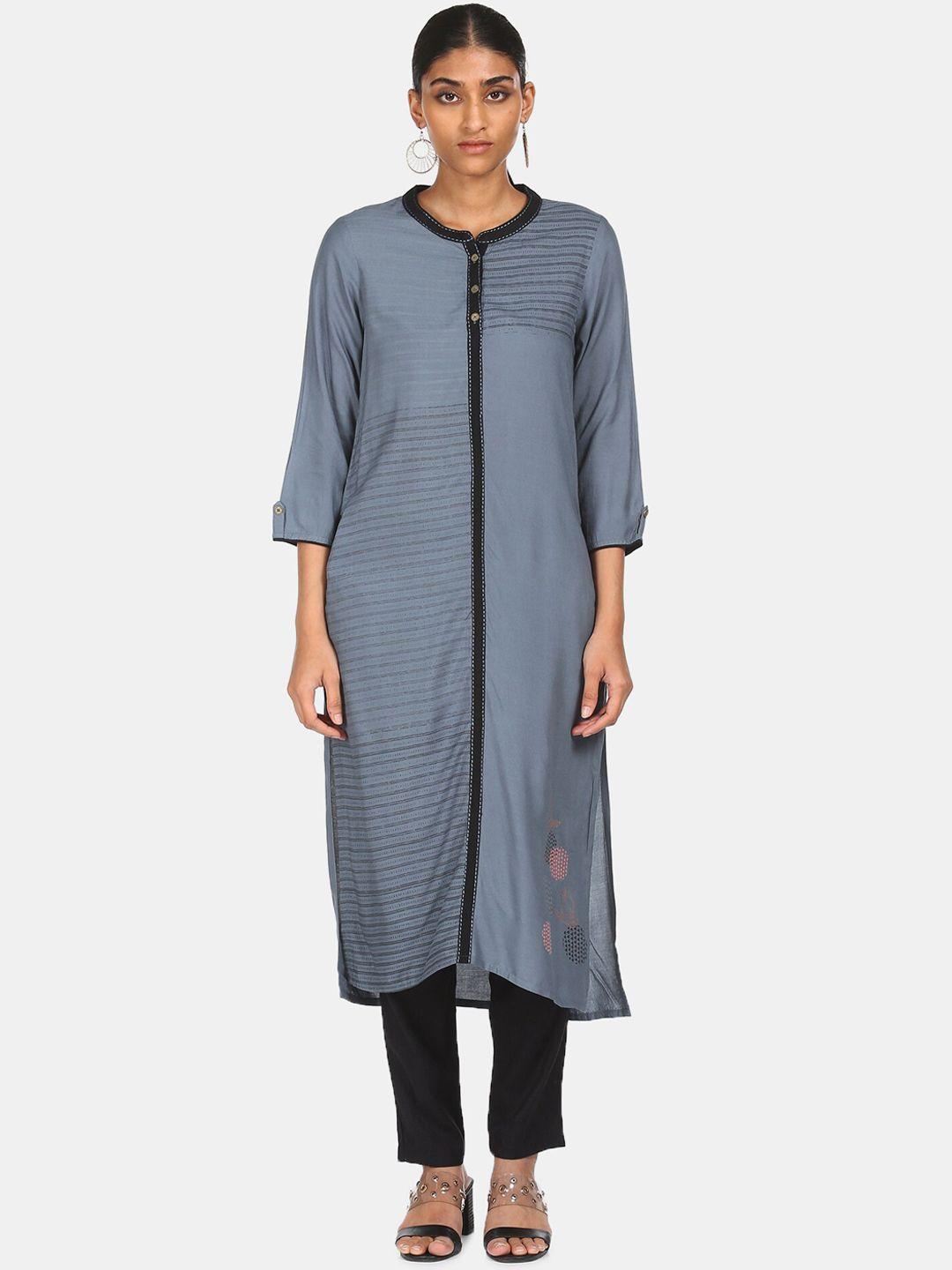 karigari women grey striped thread work kurta