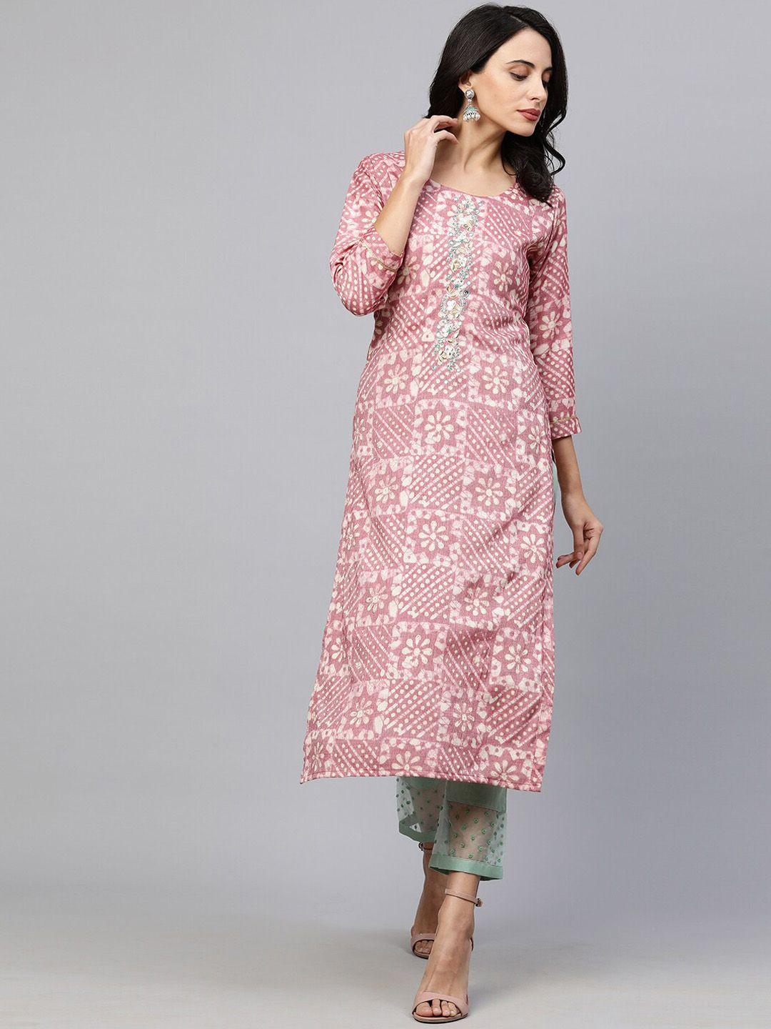 fashor women pink geometric striped keyhole neck kurta