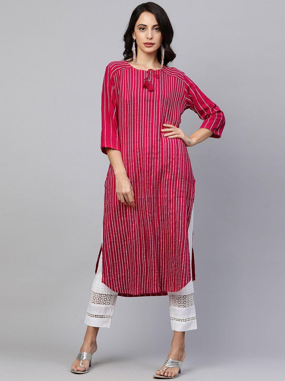 fashor women pink striped keyhole neck pathani kurta