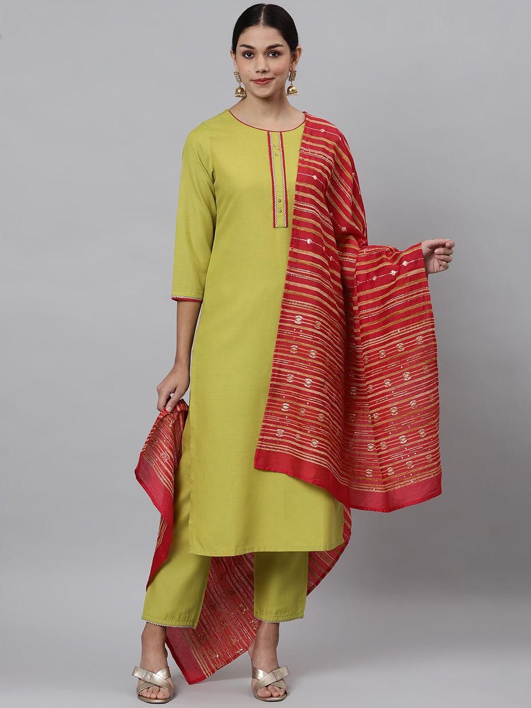 os women green regular kurta with trousers & dupatta