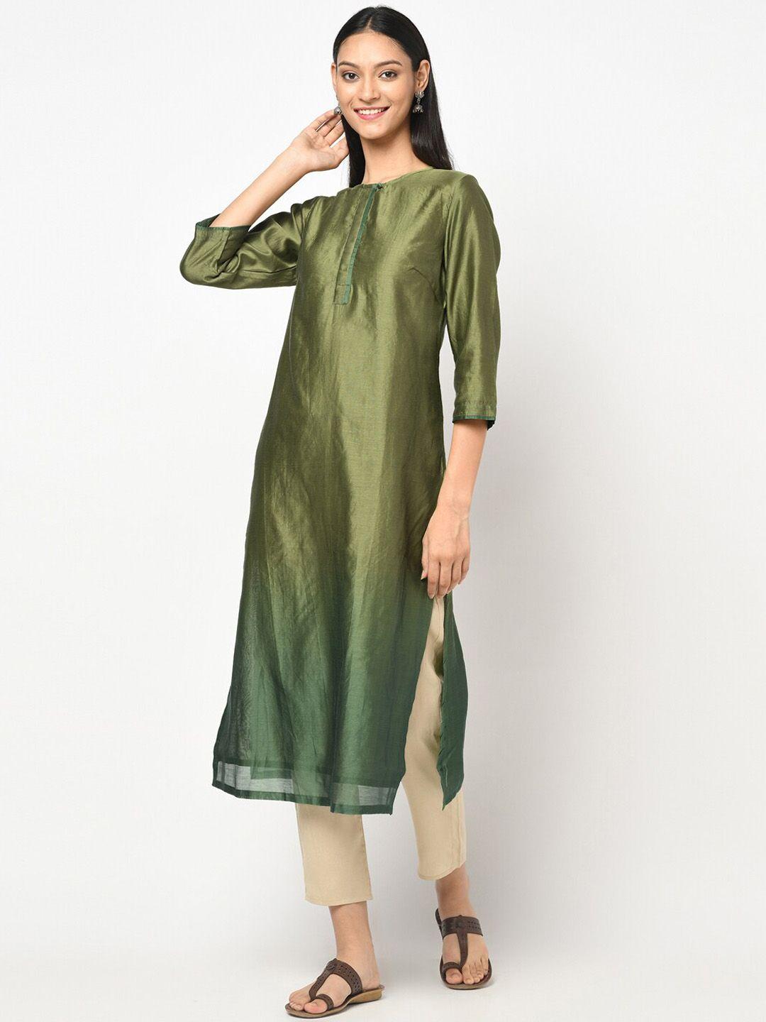 fabindia women green flared sleeves thread work kurta