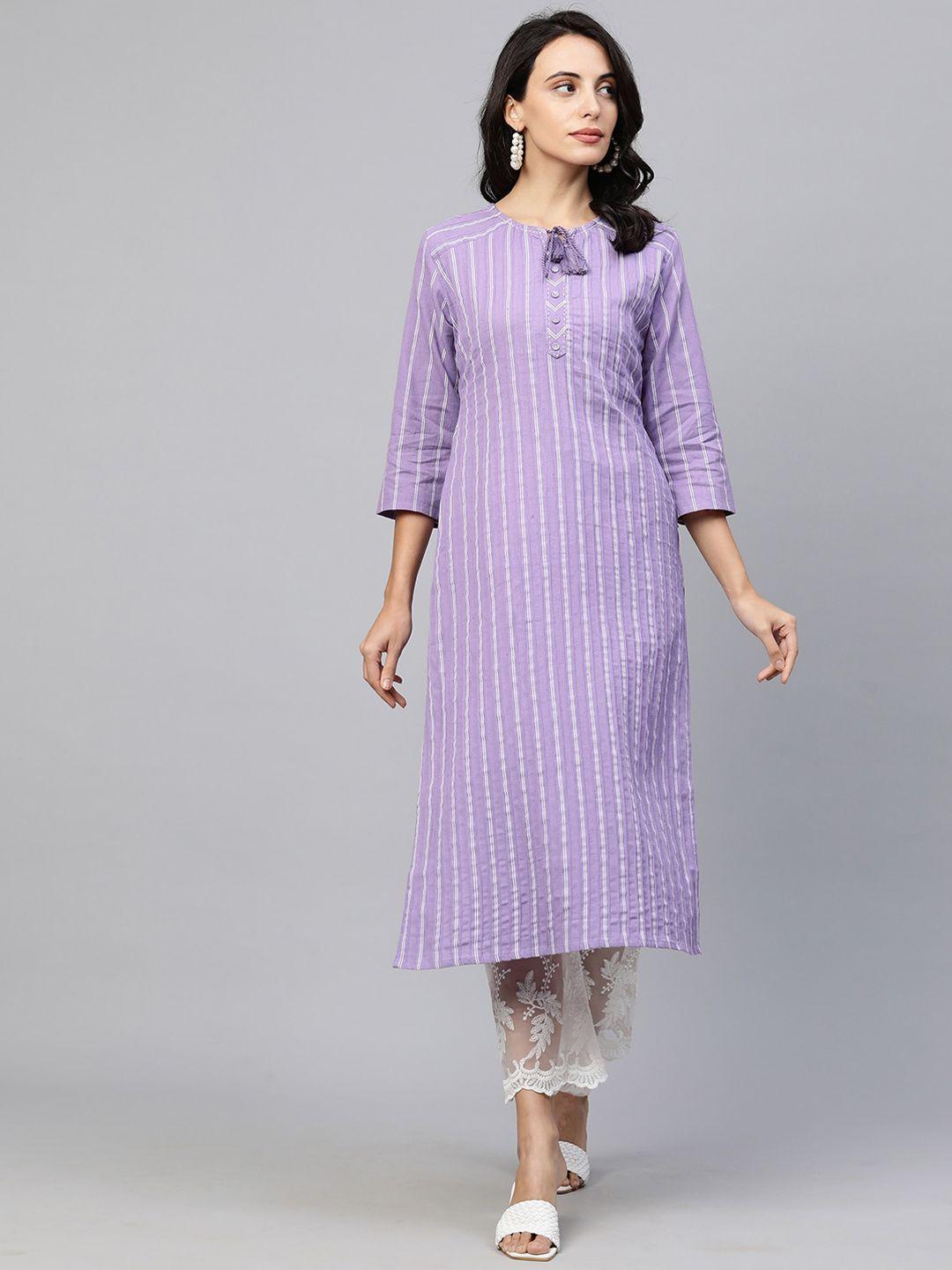 fashor women lavender striped keyhole neck thread work kurta