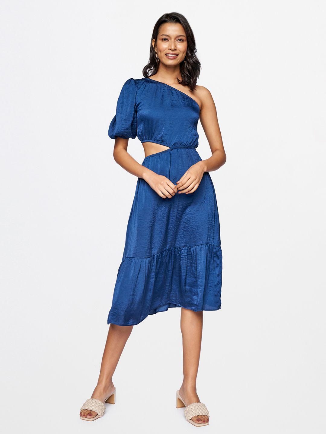 and navy blue one shoulder midi dress