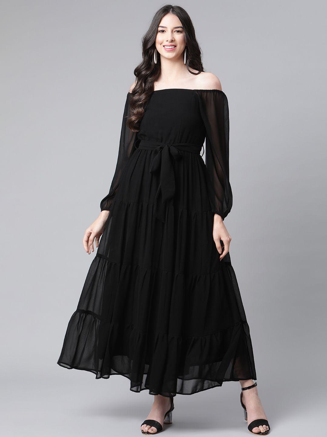 cottinfab women black off-shoulder georgette maxi dress