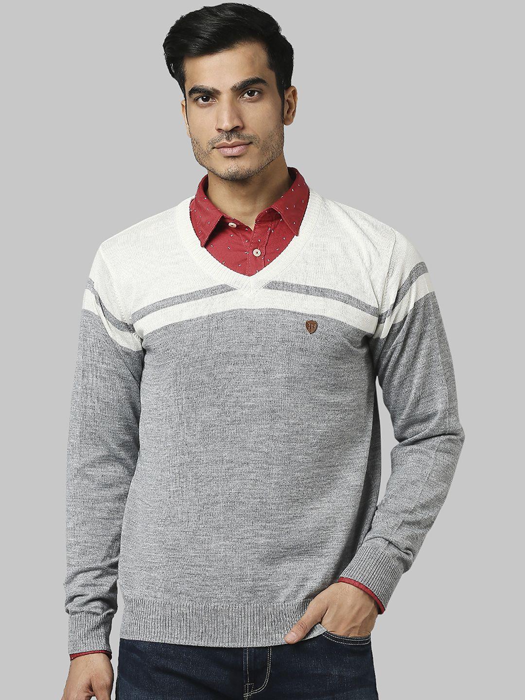 raymond men grey & white colourblocked pullover