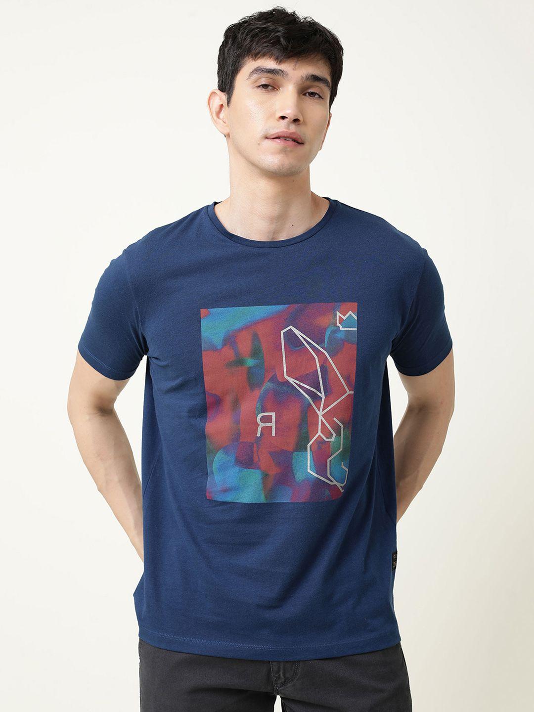 rare rabbit men navy blue & pink printed slim fit cotton t-shirt