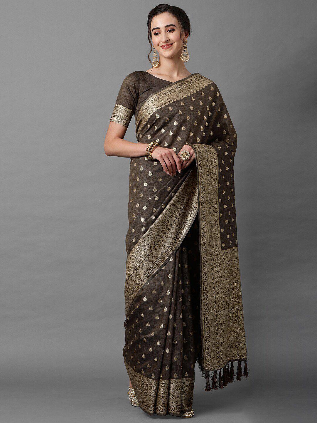 mitera brown & gold-toned woven design banarasi saree