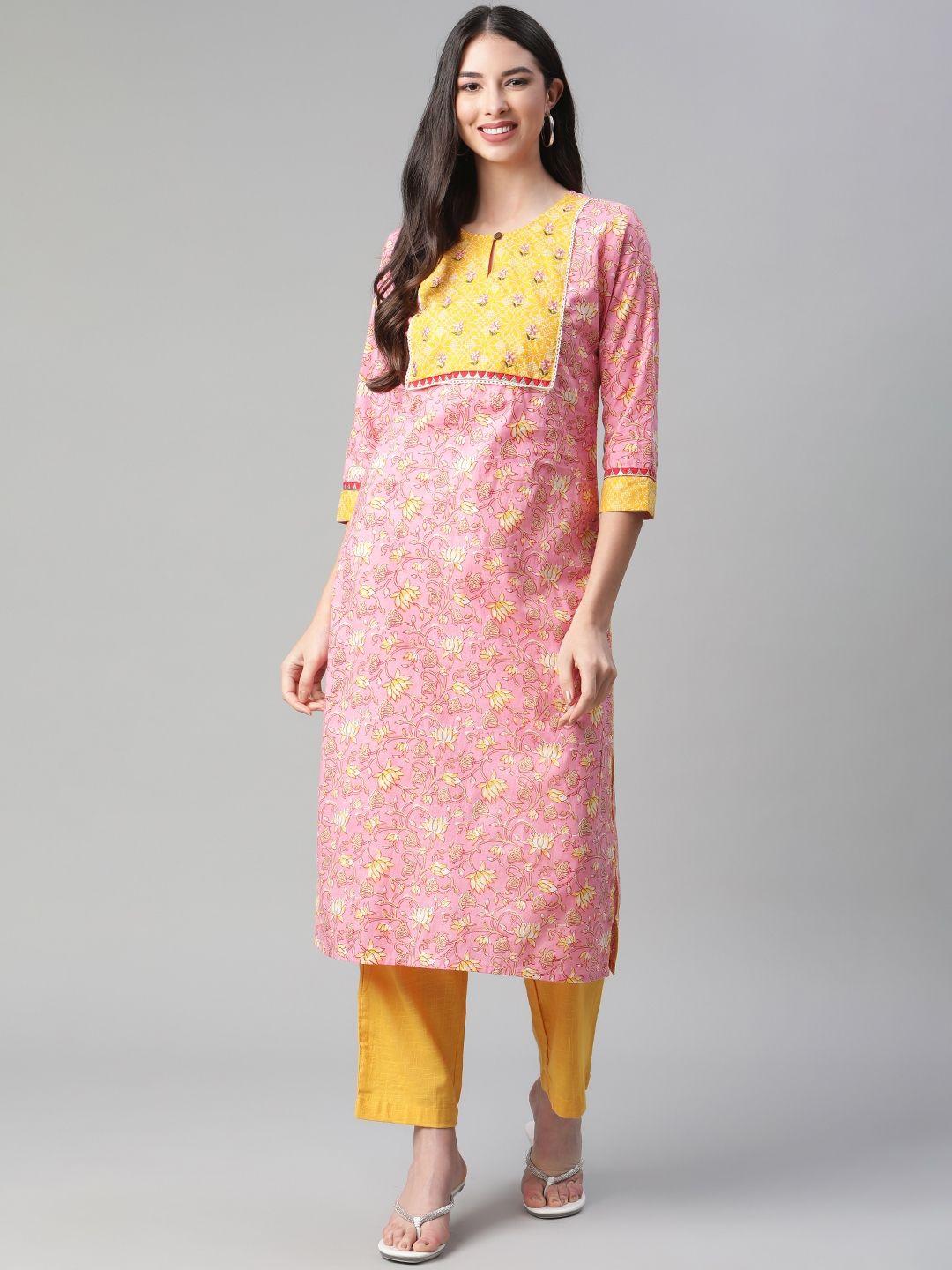 sakhi jaipur women pink floral printed pure cotton kurta with trousers