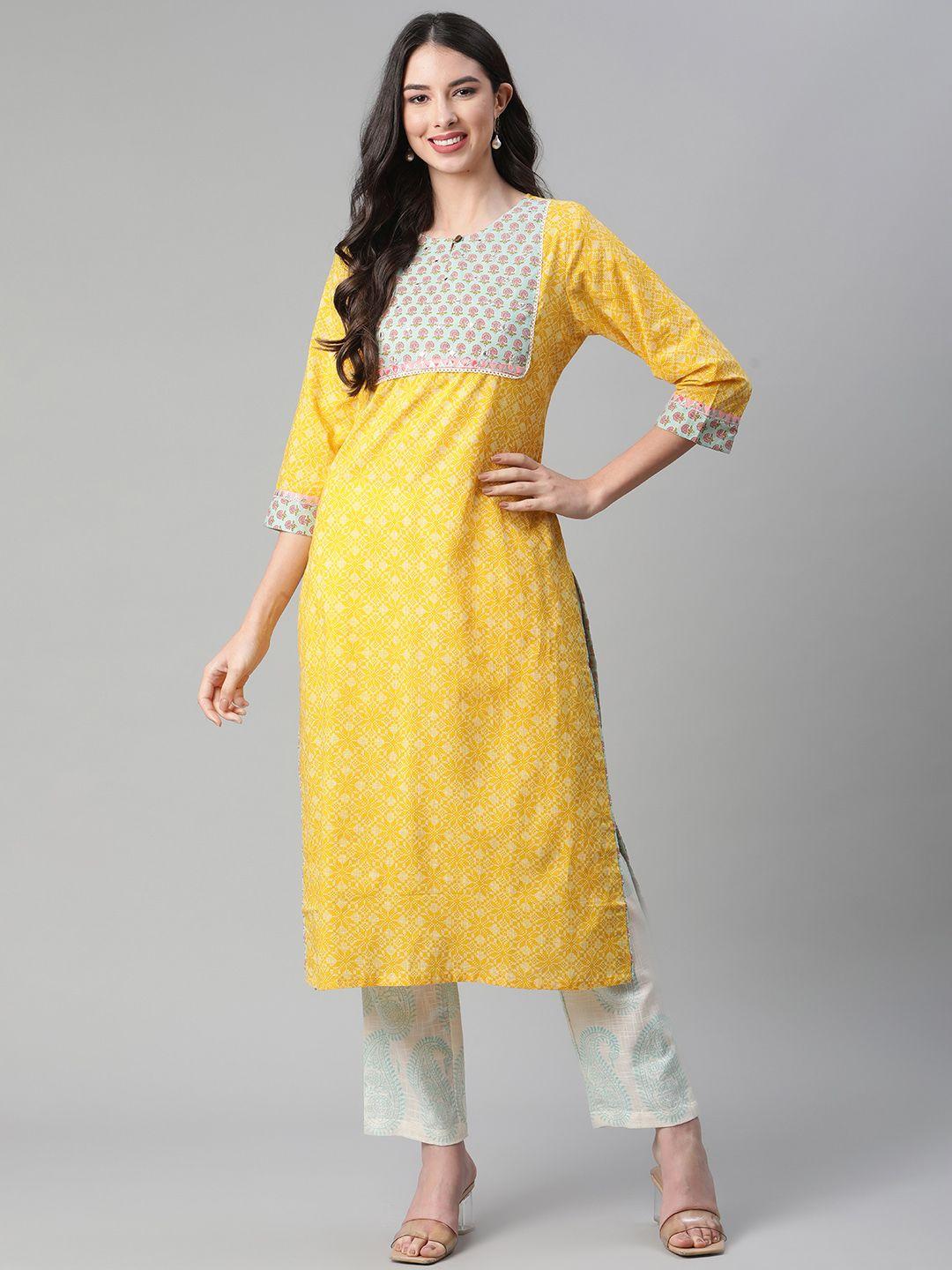 sakhi jaipur women yellow floral printed chikankari pure cotton kurta with trousers