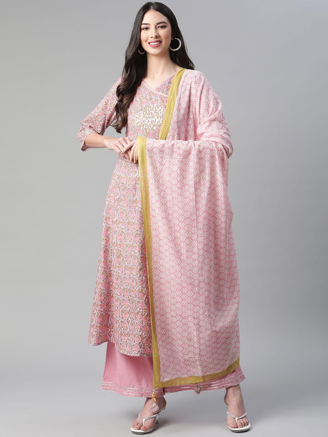 sakhi jaipur women pink ethnic motifs gotta patti cotton kurta with palazzos & dupatta