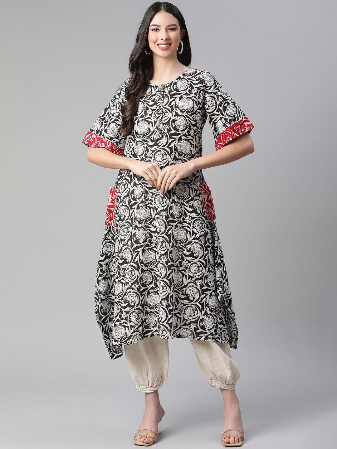 sakhi jaipur women black & white quirky printed pure cotton kurta with harem pants