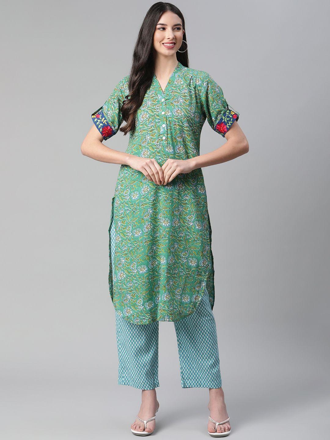 sakhi jaipur women green & blue floral printed thread work pure cotton kurta with trousers