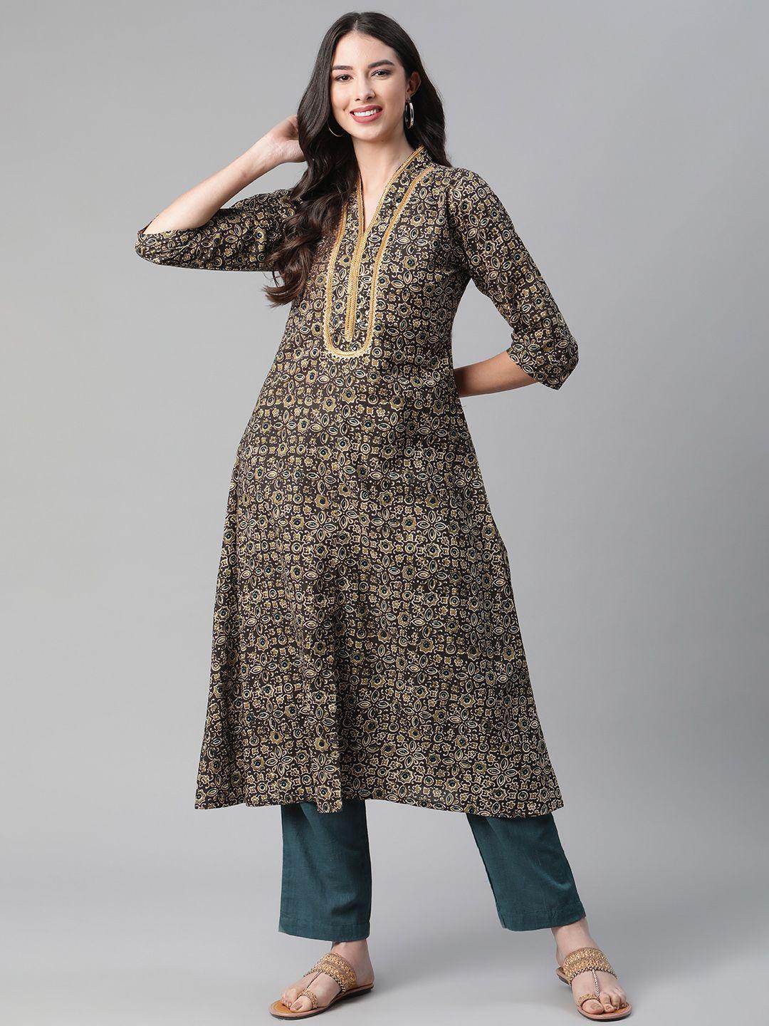 sakhi jaipur women brown ethnic motifs printed gotta patti pure cotton kurta with trousers