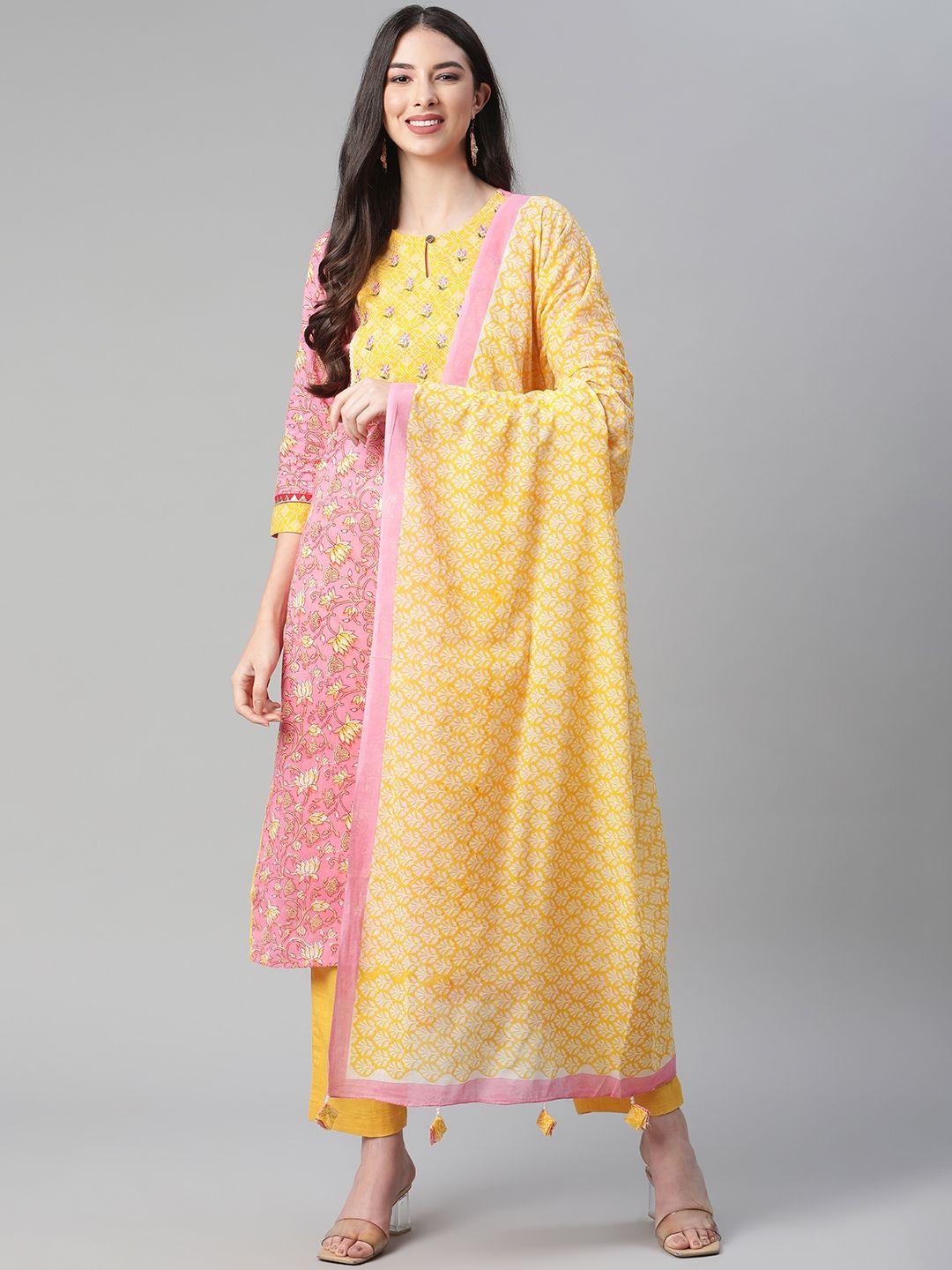 sakhi jaipur women pink floral printed pure cotton kurta with trousers & with dupatta