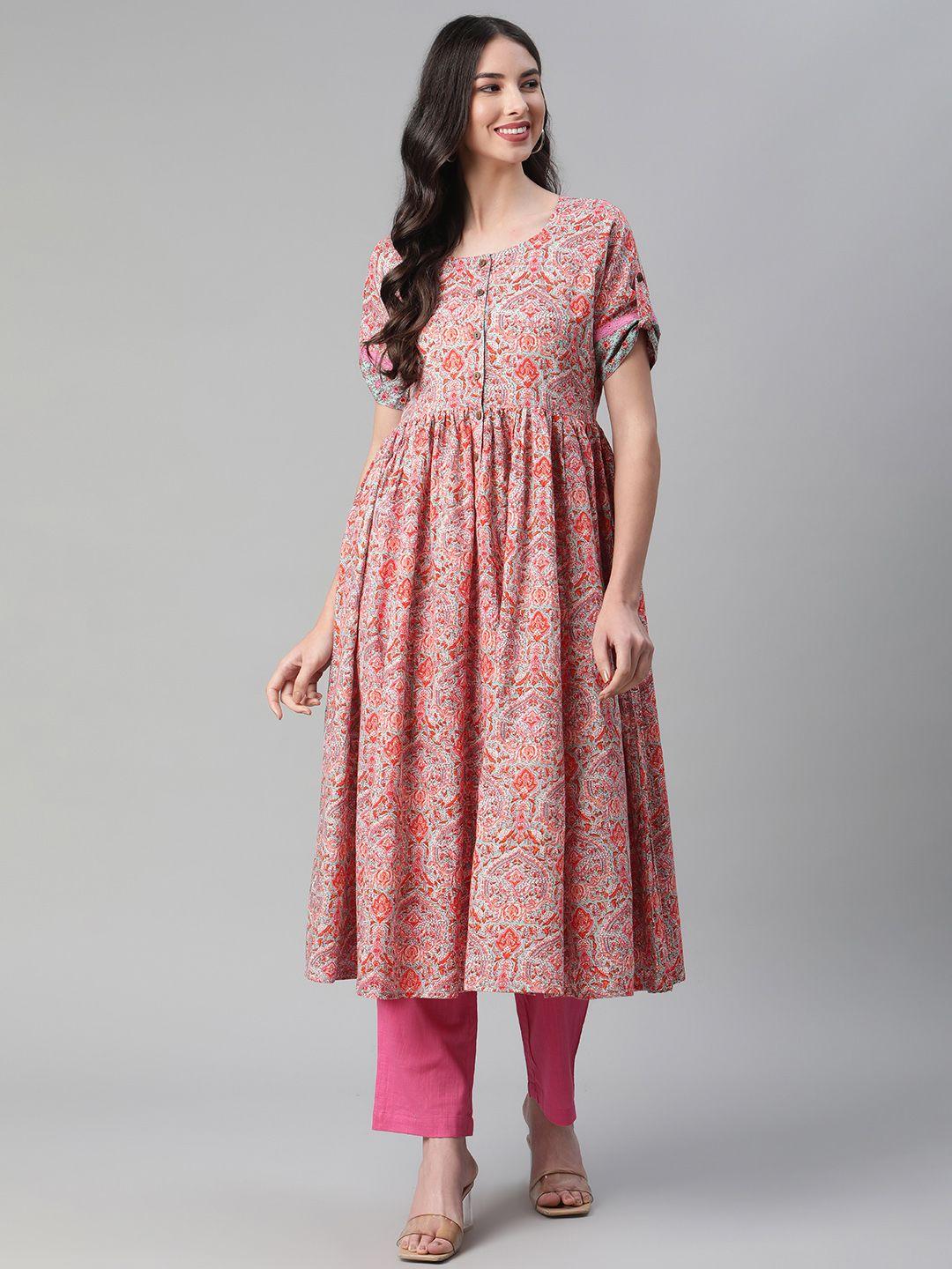 sakhi jaipur women pink ethnic motifs printed pure cotton kurta with trousers