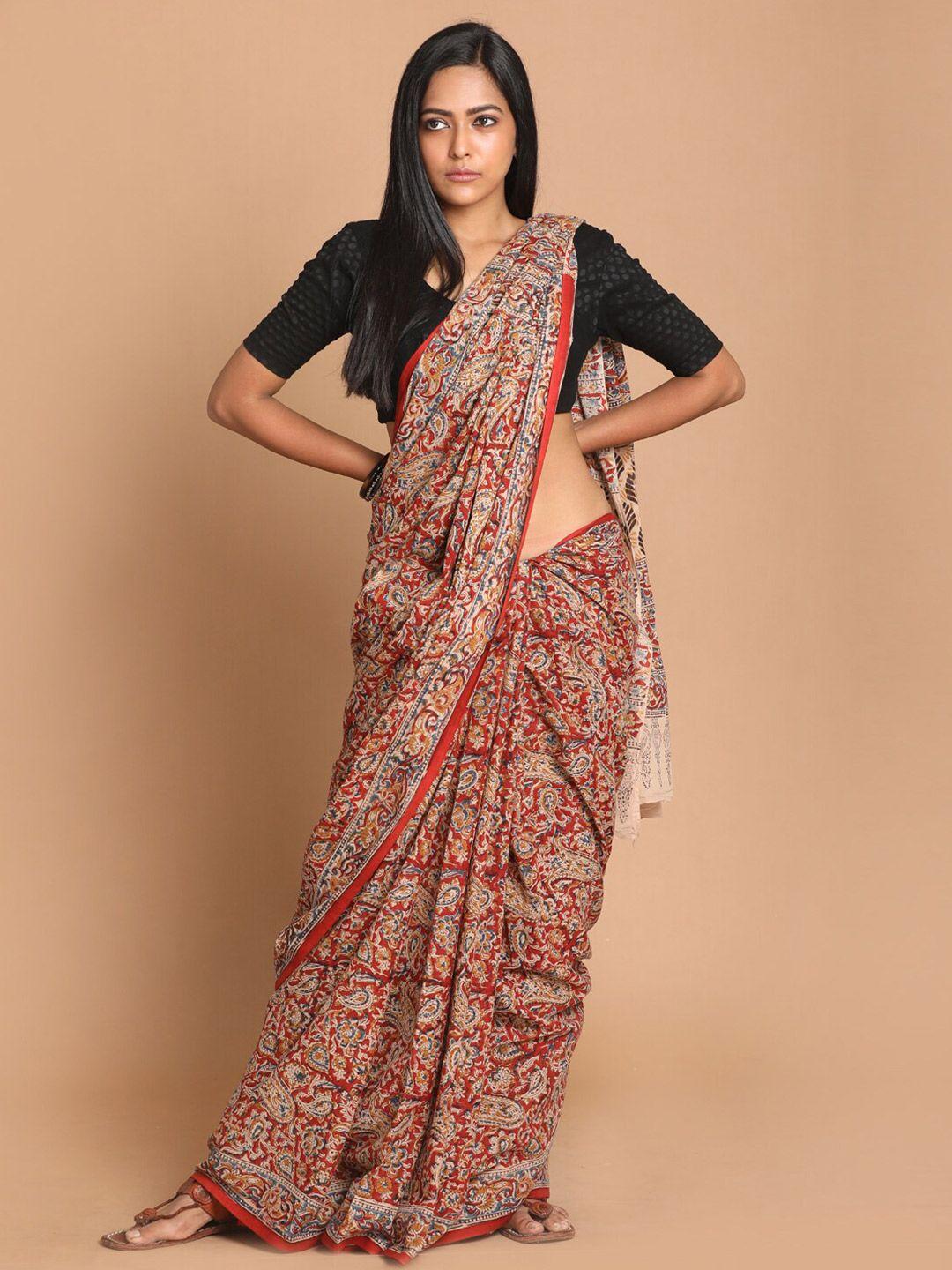 indethnic red & blue kalamkari pure cotton block print saree