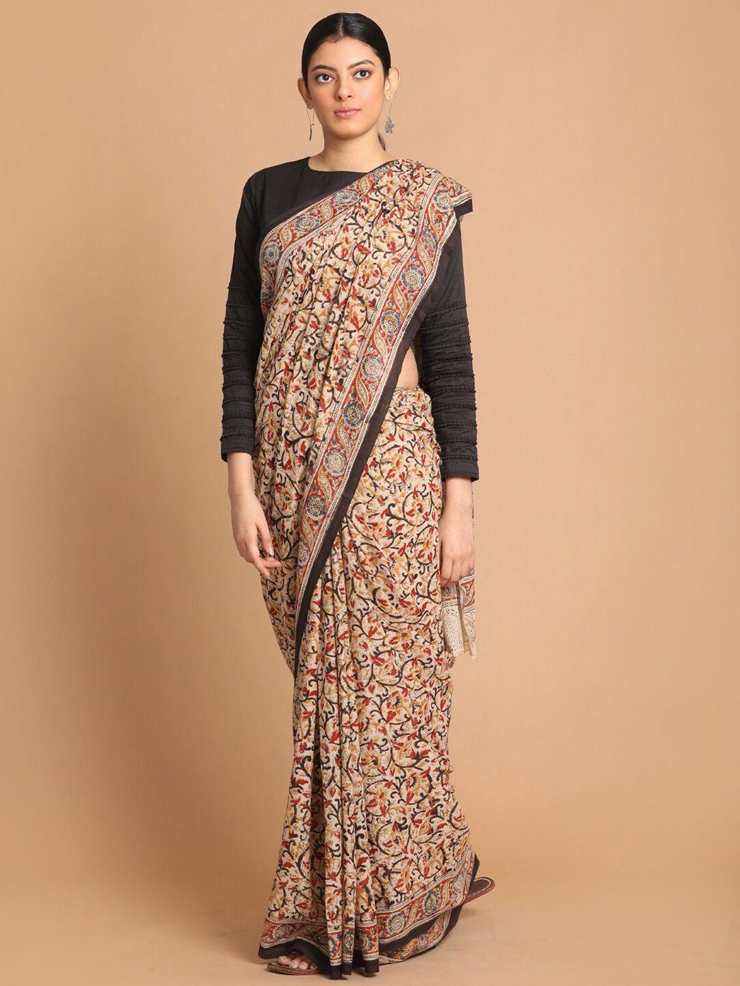 indethnic beige & red kalamkari pure cotton block print saree