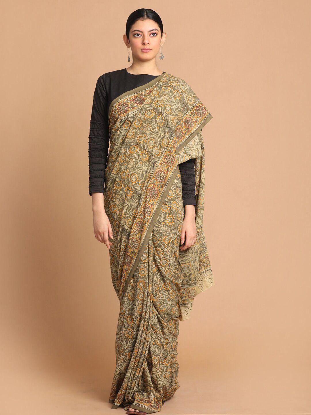 indethnic olive kalamkari printed mulmul pure cotton saree