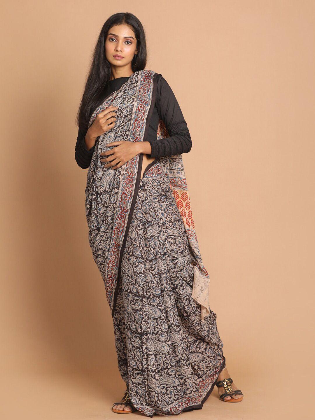 indethnic black & red kalamkari pure cotton block print saree