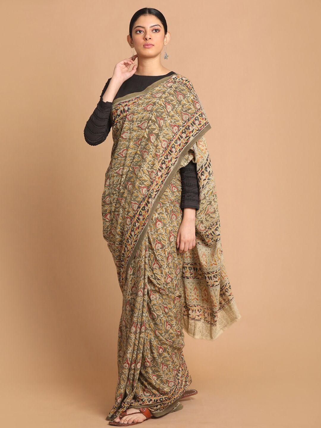 indethnic olive green & red kalamkari pure cotton block print saree