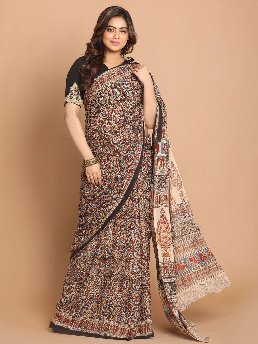 indethnic black & red kalamkari pure cotton handblock  print saree