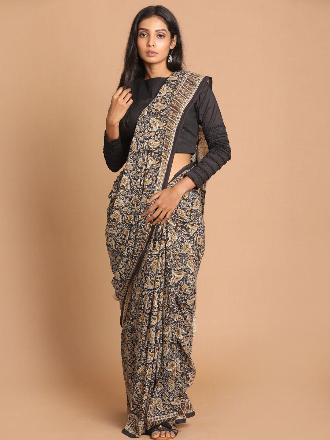 indethnic black & beige kalamkari pure cotton block print saree