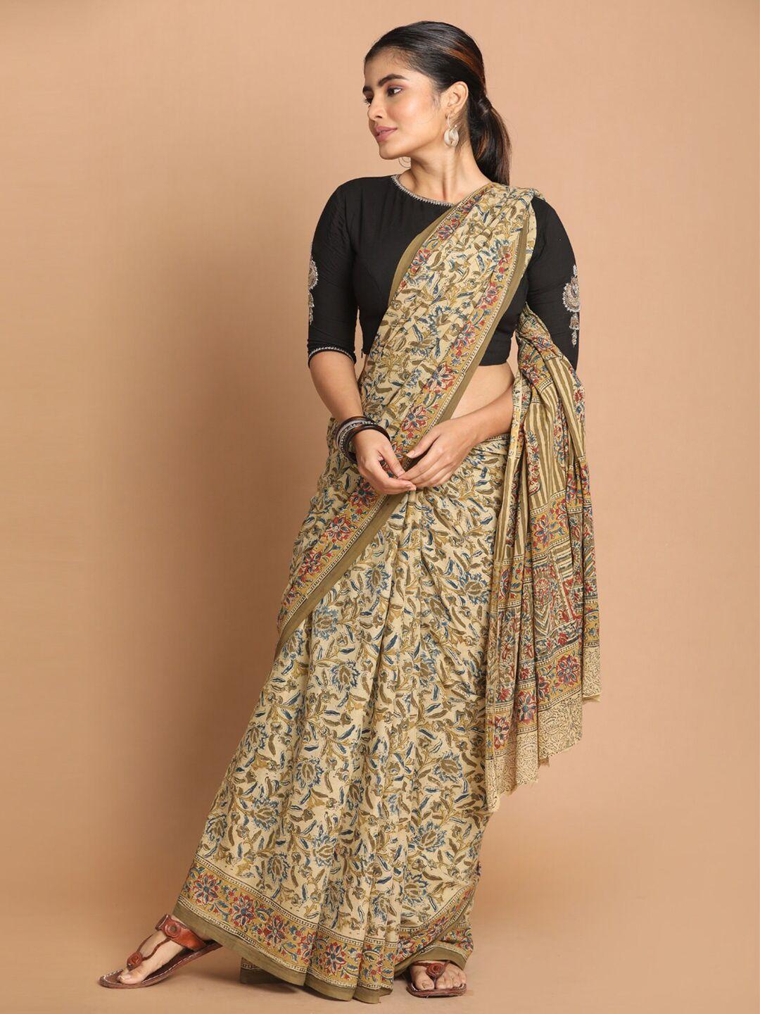 indethnic olive green & red kalamkari pure cotton block print saree