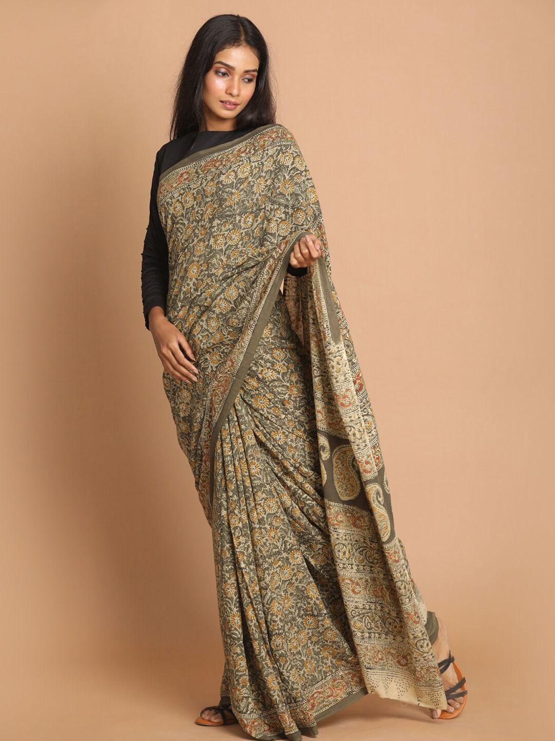 indethnic olive green & red kalamkari pure cotton block print saree