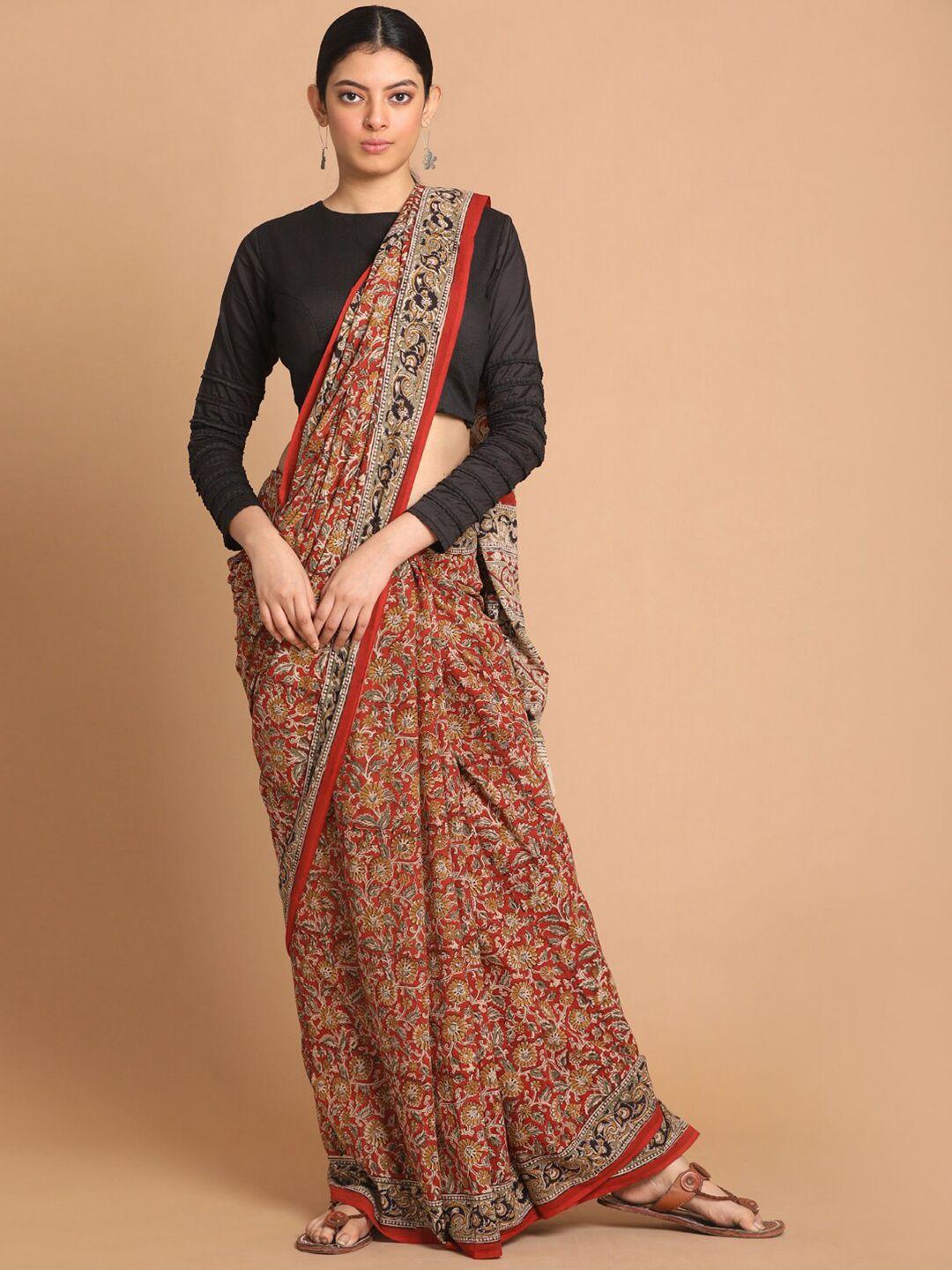 indethnic red & black kalamkari printed pure cotton block print saree