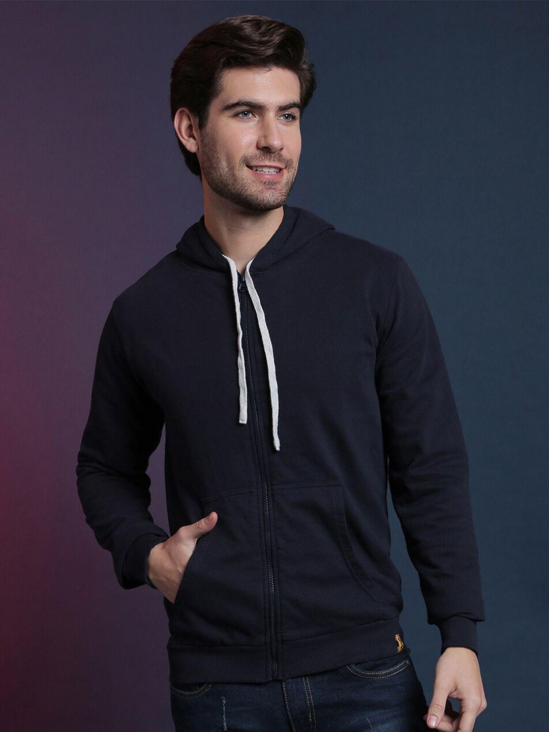 campus sutra men navy blue hooded sweatshirt