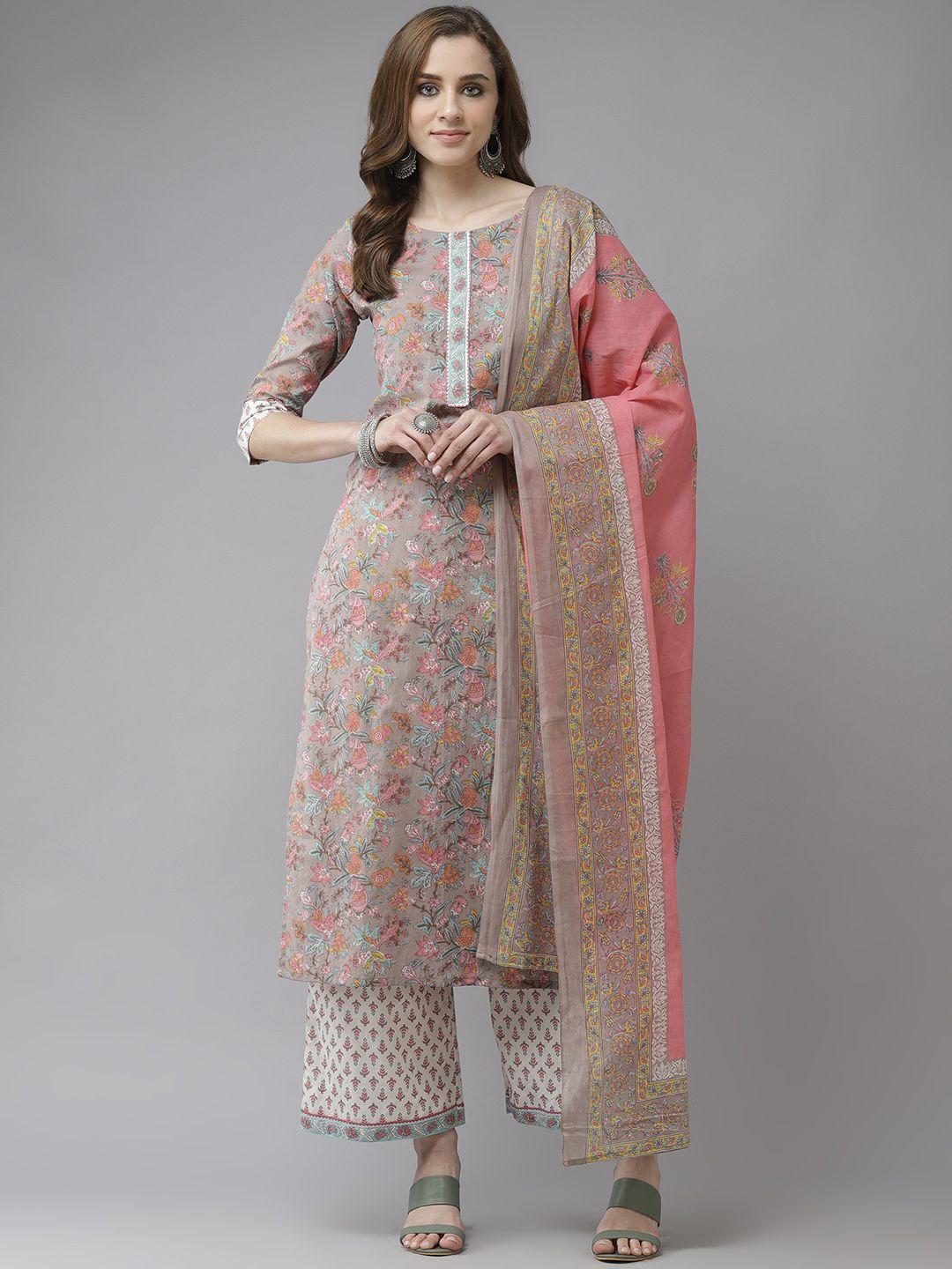 indo era grey & pink ethnic motifs printed gotta patti straight kurta palazzos & dupatta