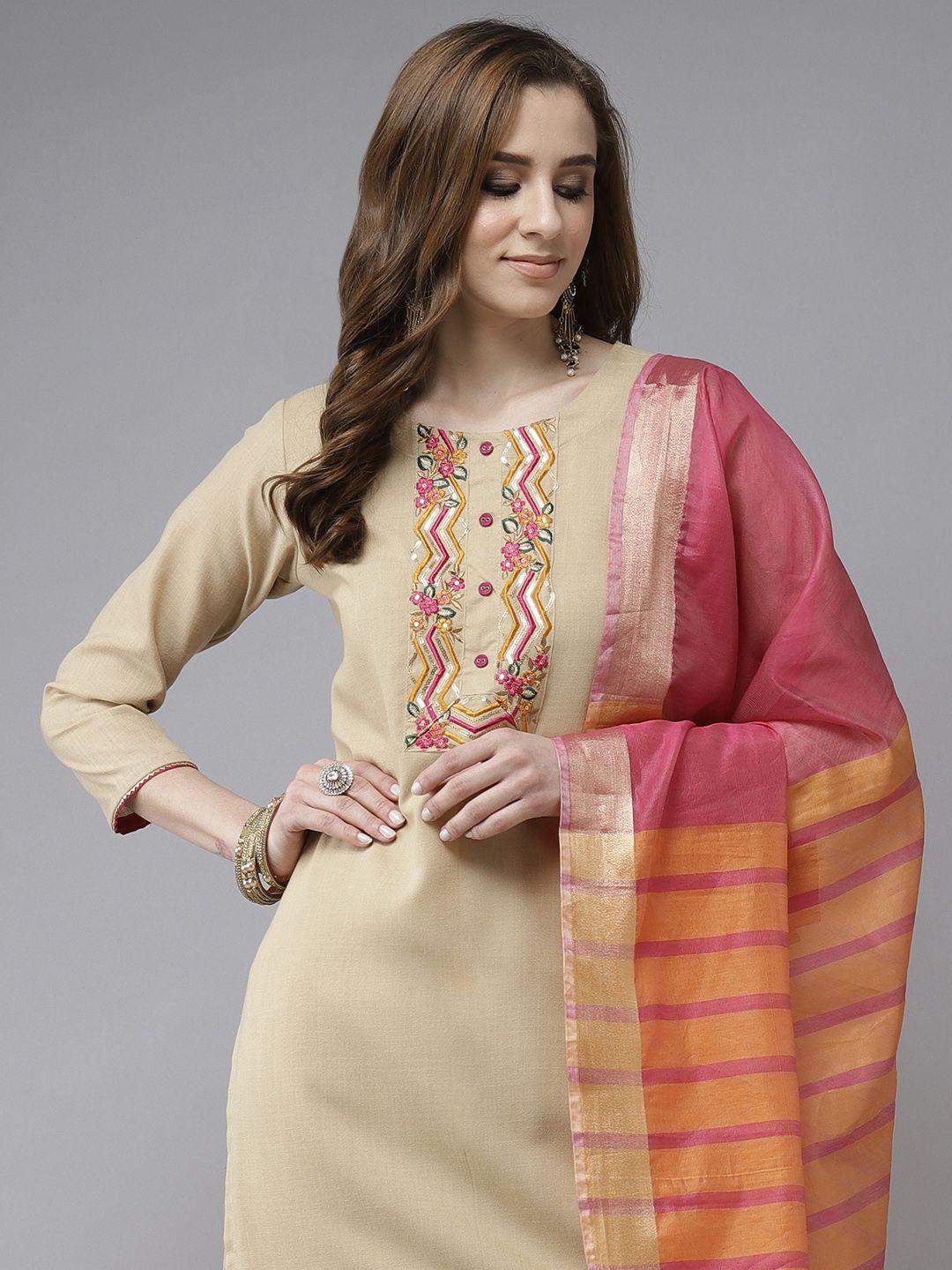 indo era beige & green solid mirror work straight kurta with palazzos & with dupatta