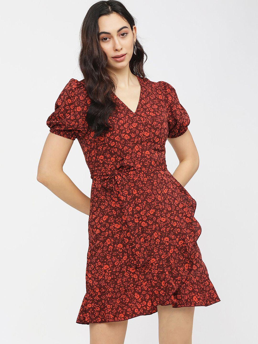 tokyo talkies women rust floral printed wrap dress