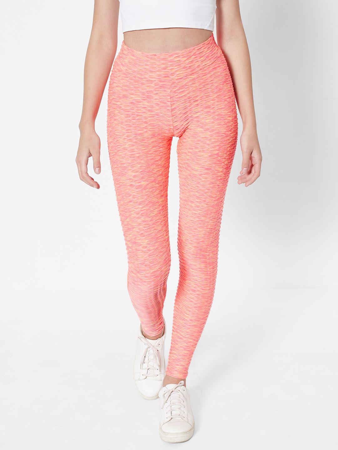 urbanic women pink & peach-coloured ruched gym high rise gym tights