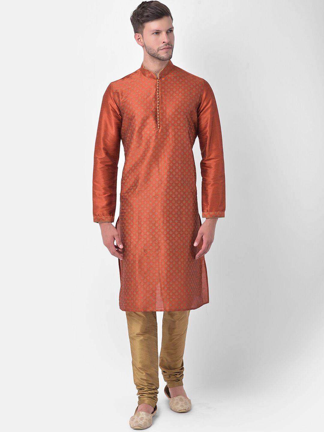 deyann men rust & gold-coloured ethnic motifs screen print dupion silk kurta with churidar