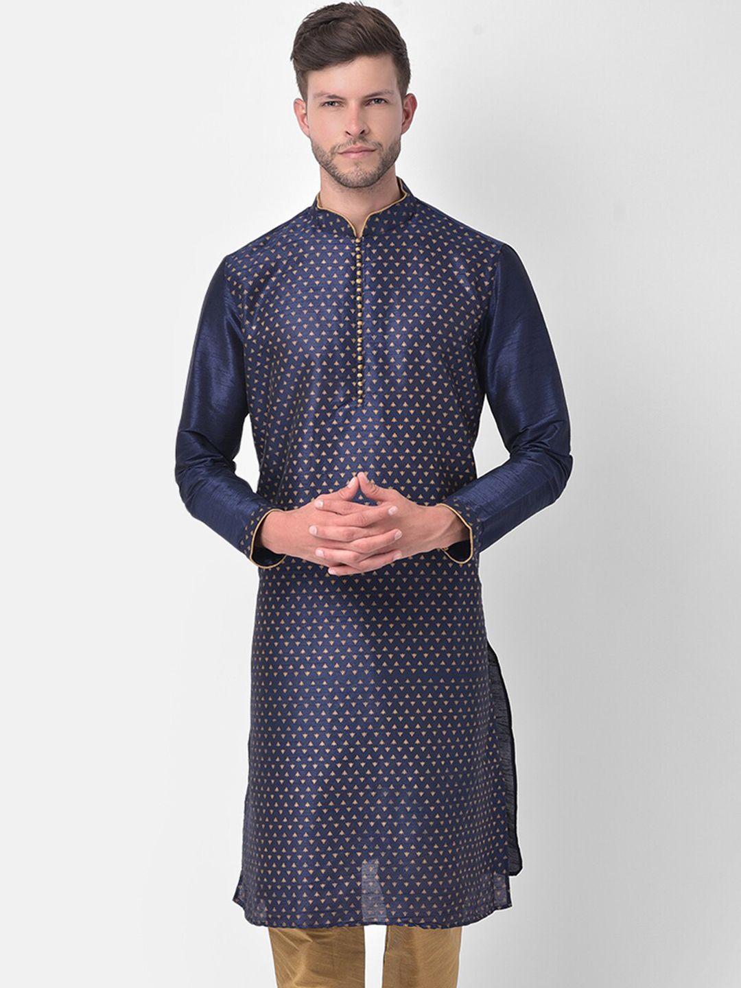 deyann men navy blue ethnic motifs regular dupion silk kurta with churidar