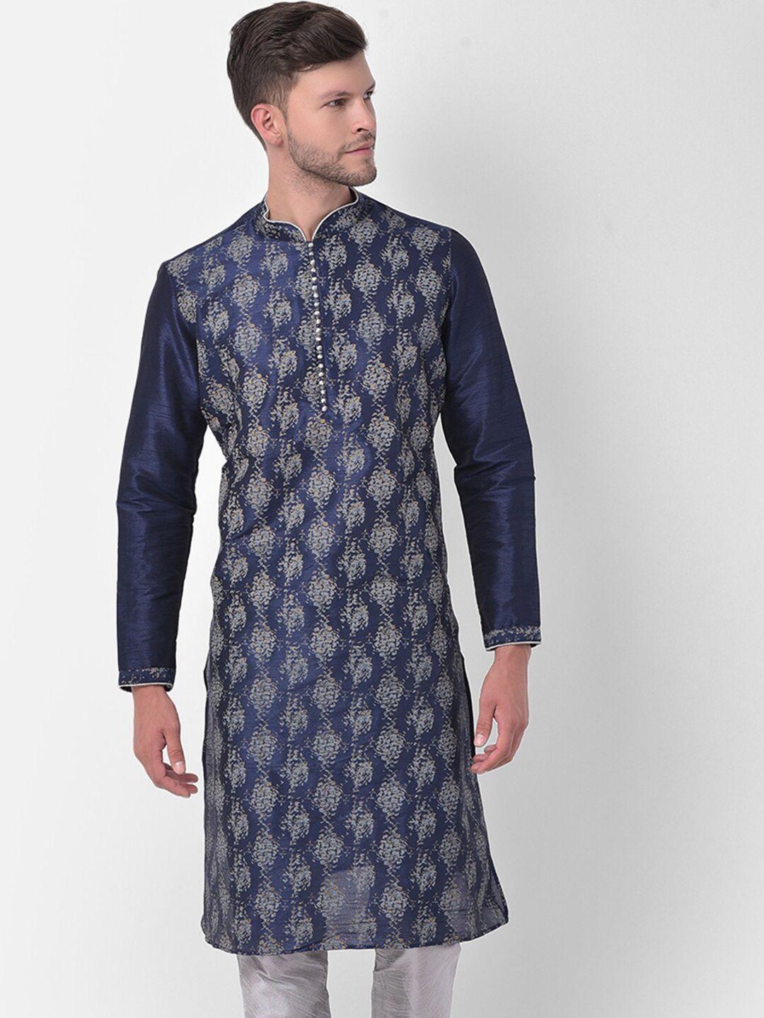 deyann men navy blue printed regular dupion silk kurta with churidar