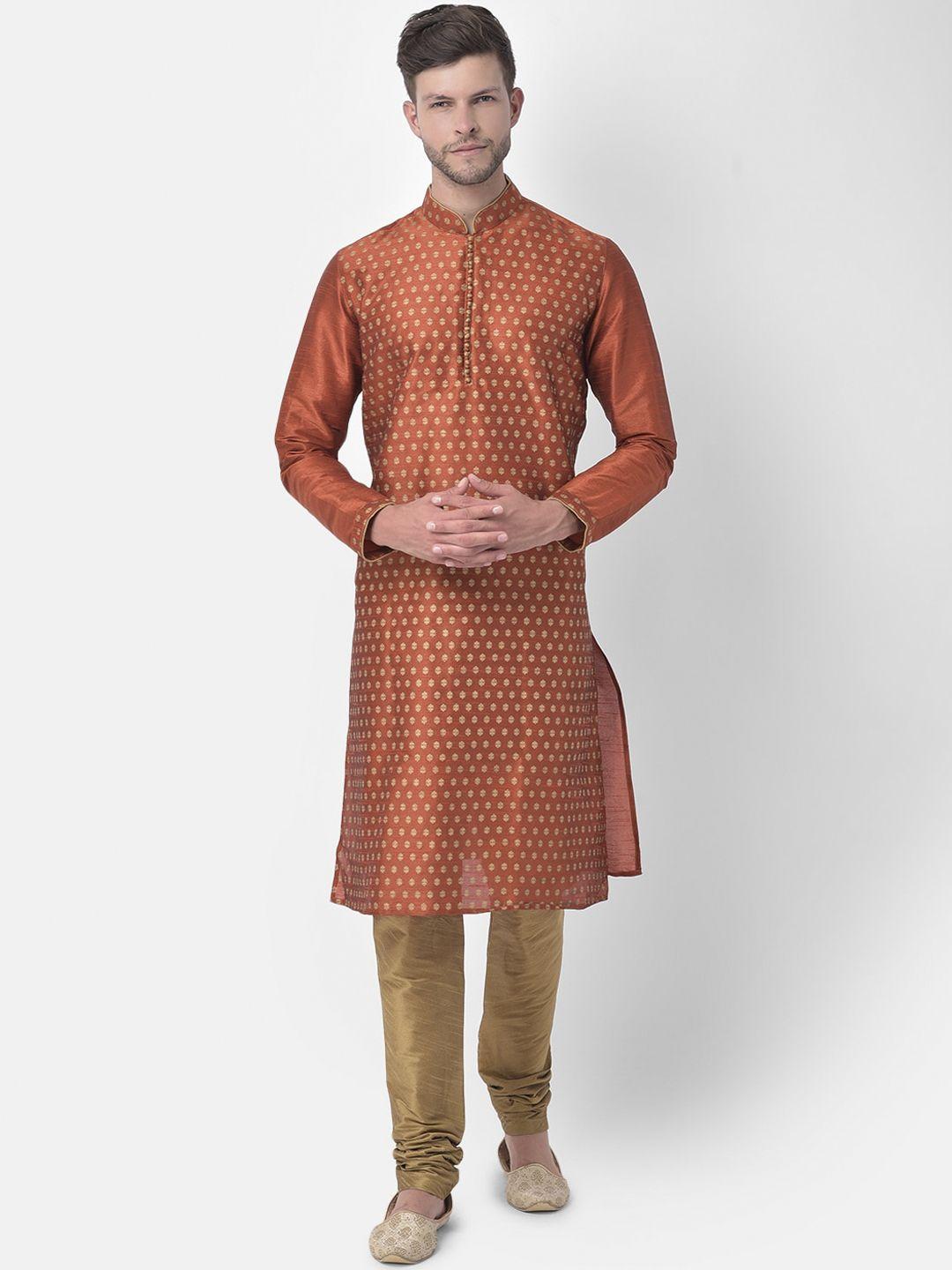 deyann men rust & gold-coloured ethnic motifs screen print dupion silk kurta with churidar