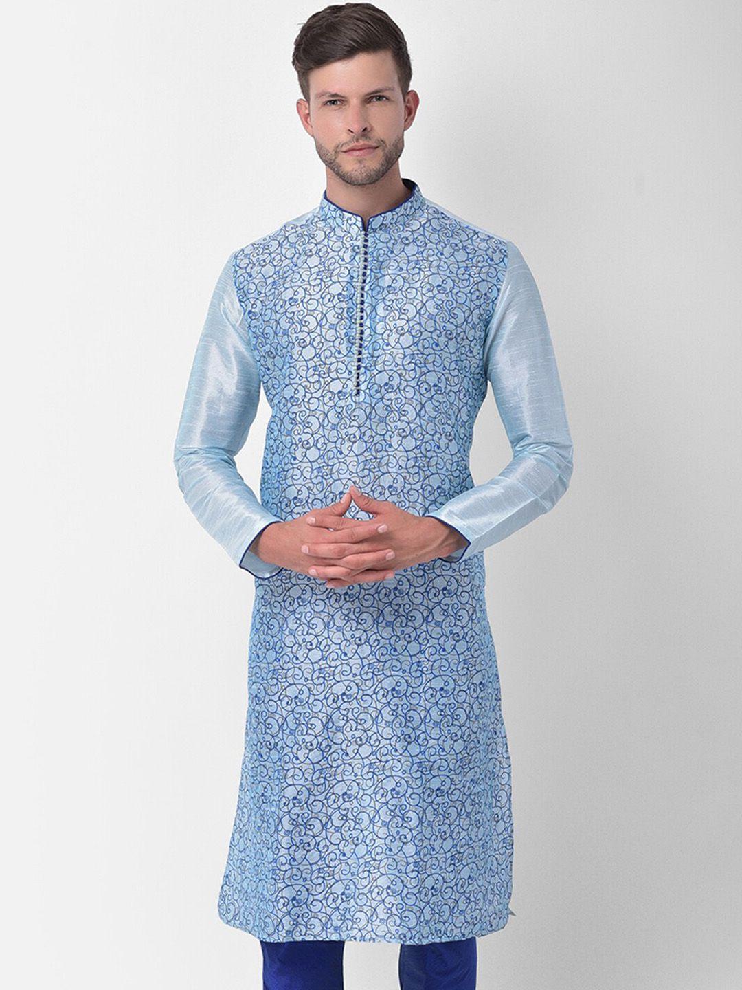 deyann men blue embroidered regular dupion silk kurta with churidar