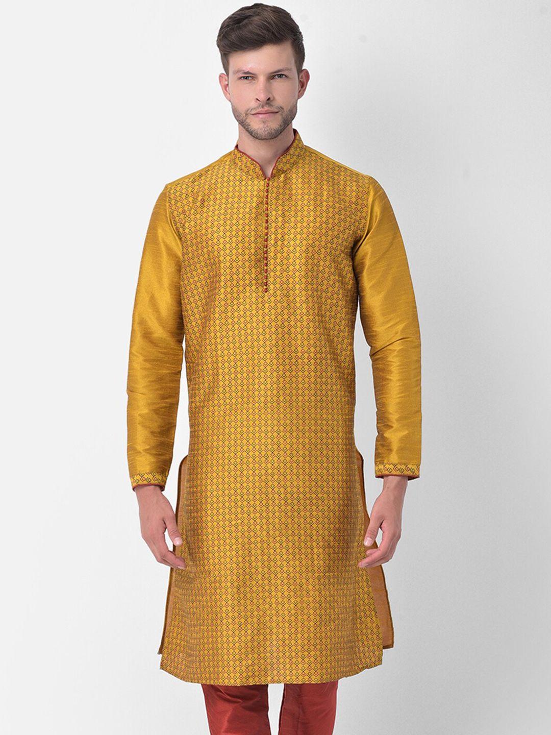 deyann men yellow printed regular dupion silk kurta with churidar