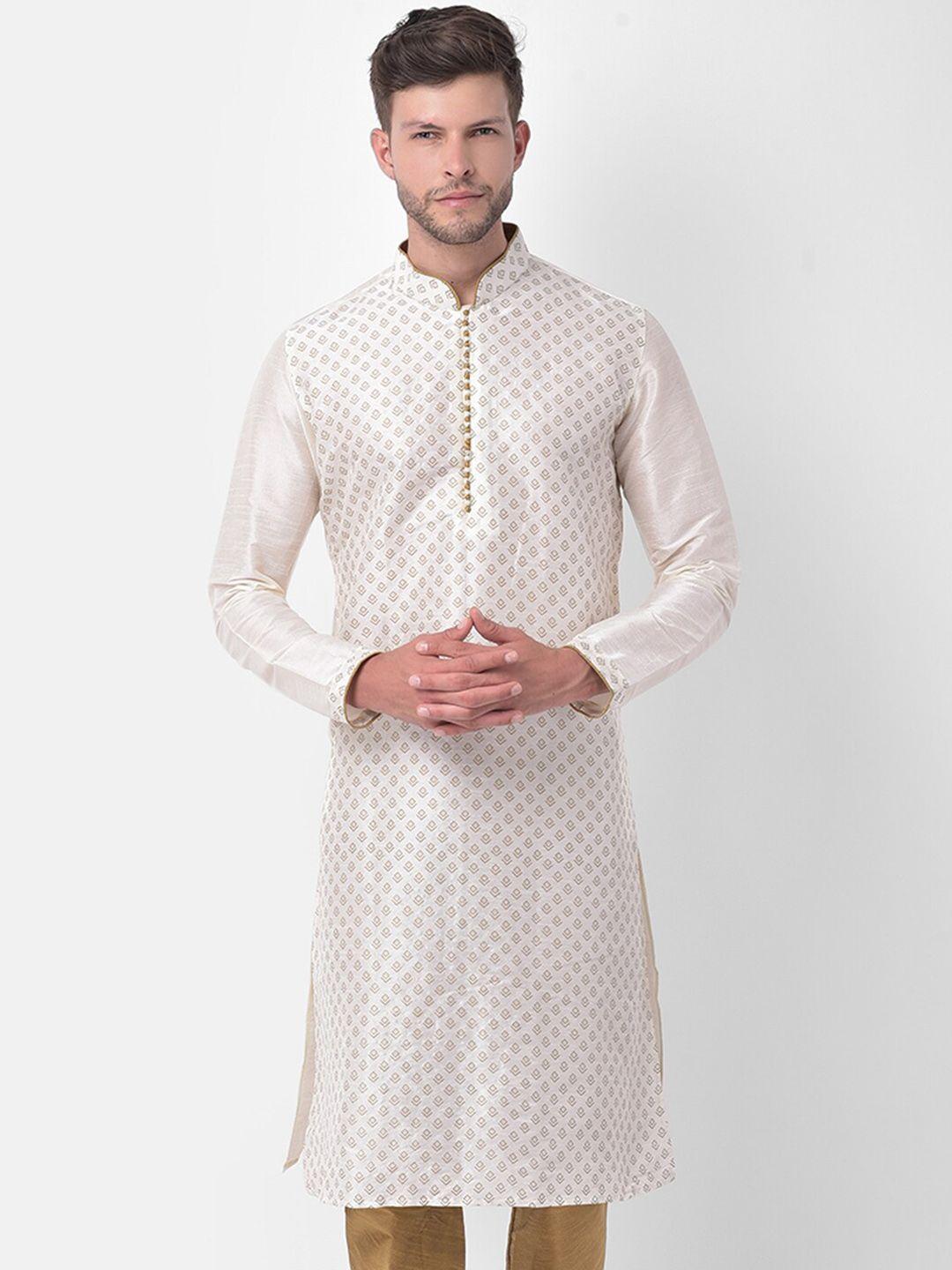 deyann men off white ethnic motifs regular dupion silk kurta with churidar