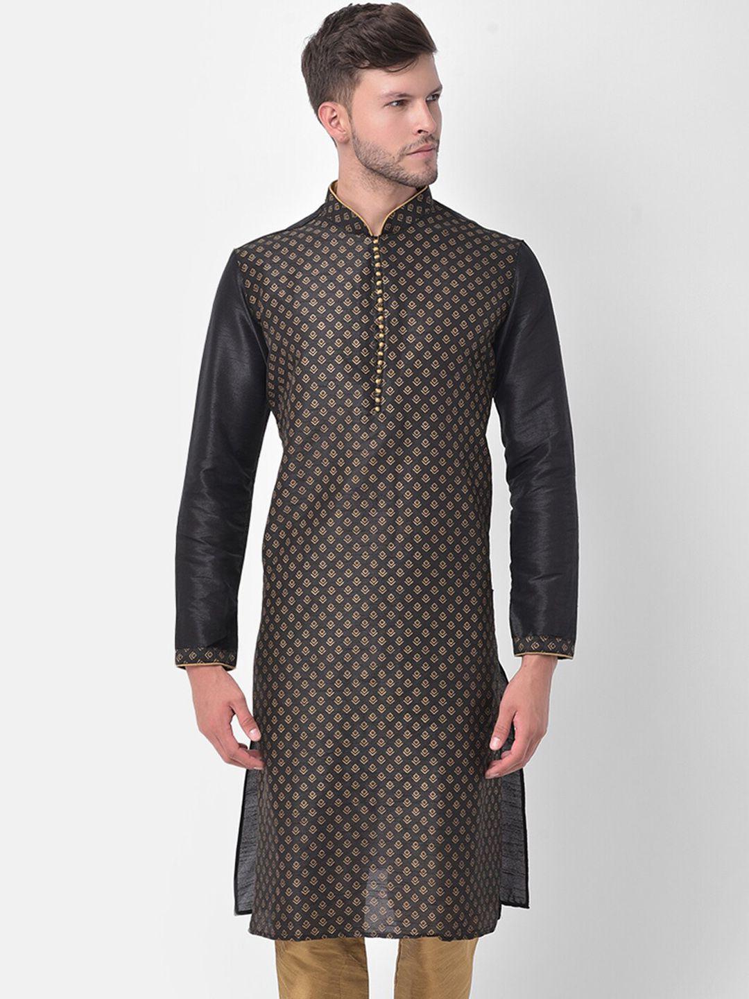 deyann men black printed regular dupion silk kurta with churidar