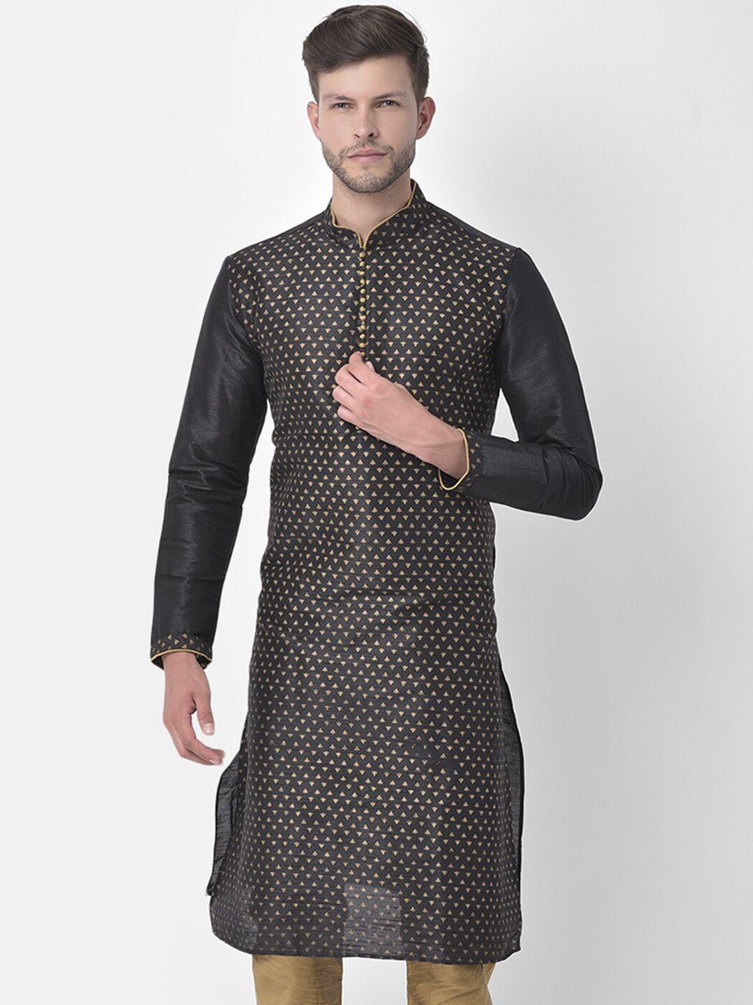 deyann men black regular dupion silk kurta with churidar