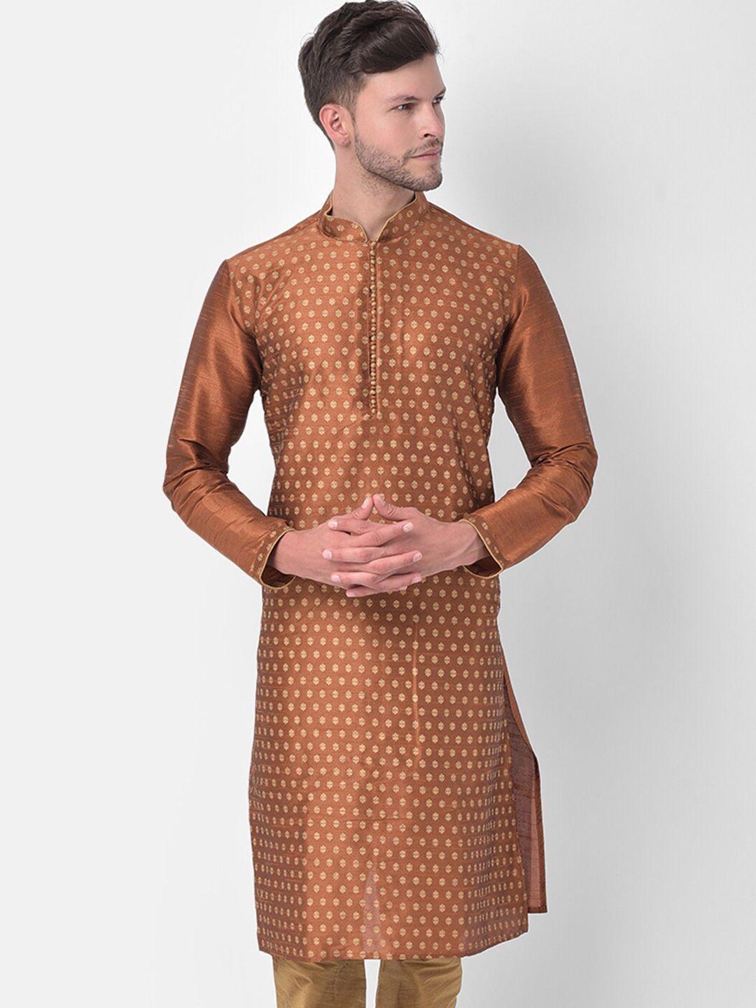 deyann men copper-toned floral printed regular dupion silk kurta with churidar