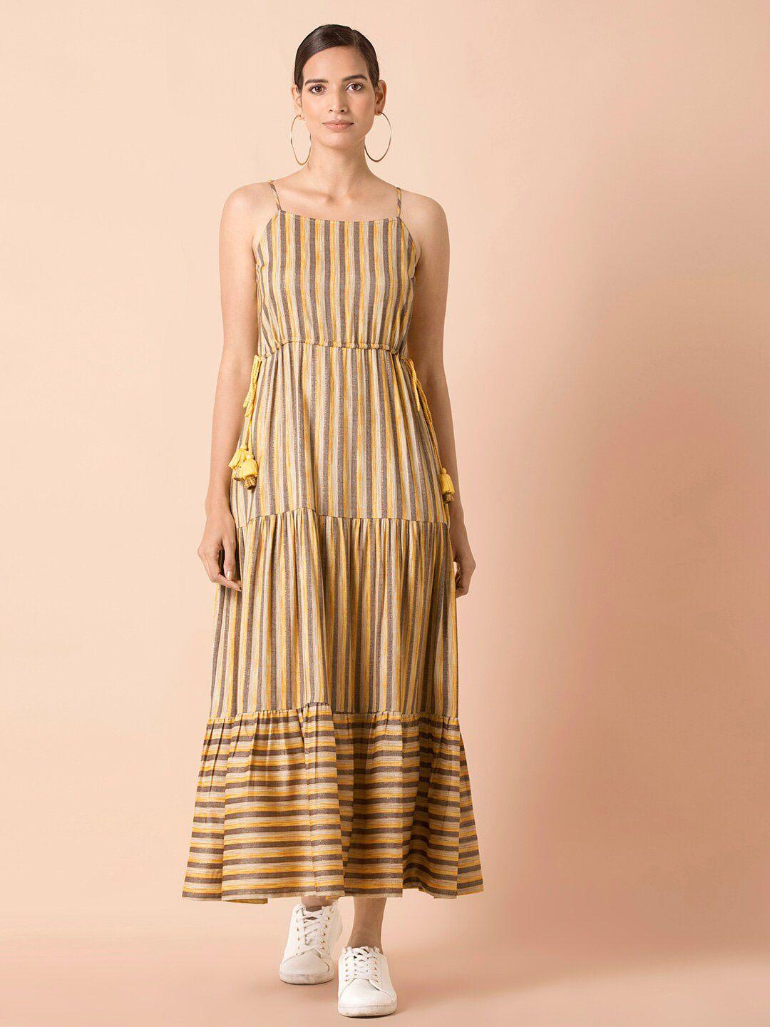 indya yellow & grey striped strappy tiered maxi dress