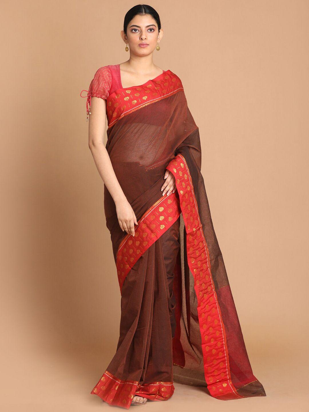 indethnic brown & red zari pure cotton saree