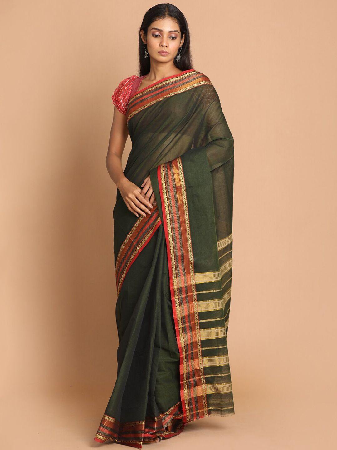 indethnic olive green & red zari pure cotton saree