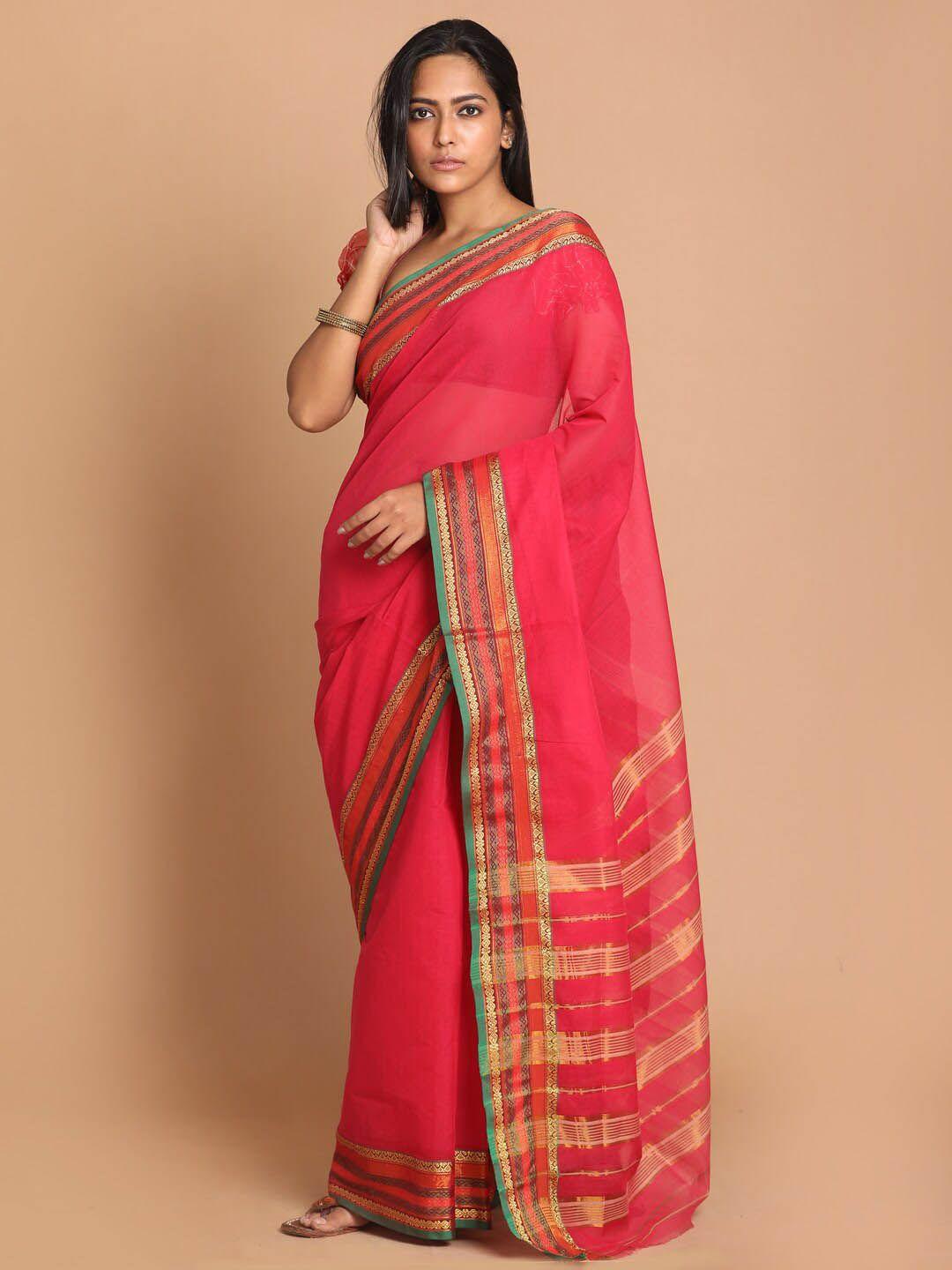 indethnic magenta & gold zari pure cotton saree